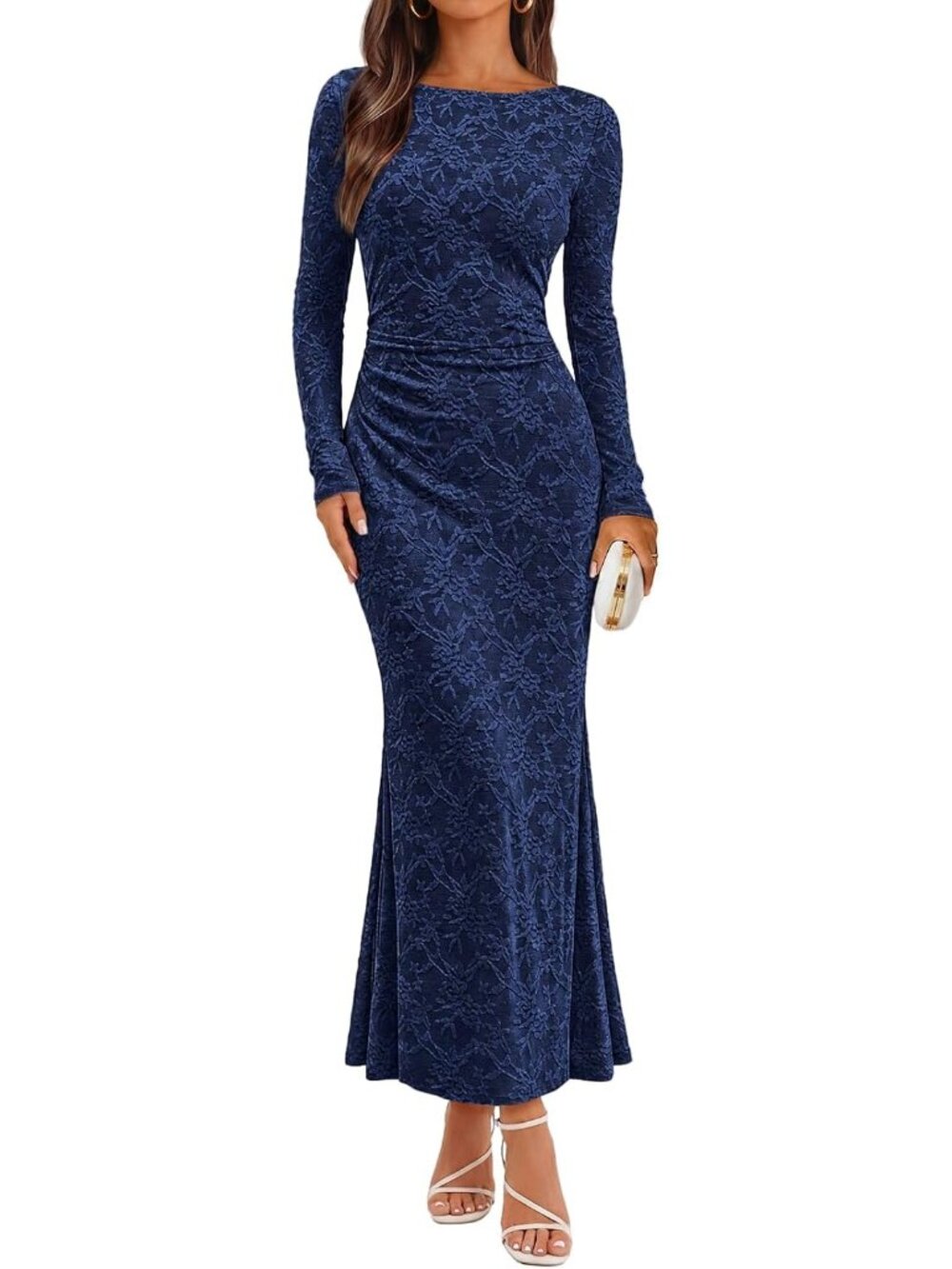 Women's Navy Long Sleeve Bodycon Fall Wedding Guest Formal Floral Maxi Dresses